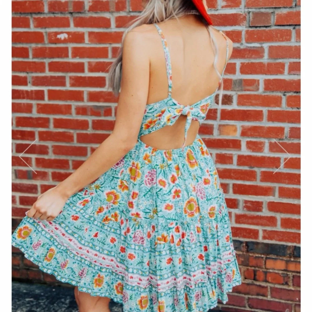 Floral Lace Trim Mini Dress in Aqua - Picture 2 of 5